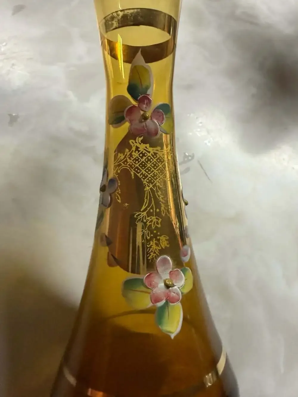 Vintage Amber Art Glass Bud Vase Hand Painted Enamel Floral & Gold Trim Made in